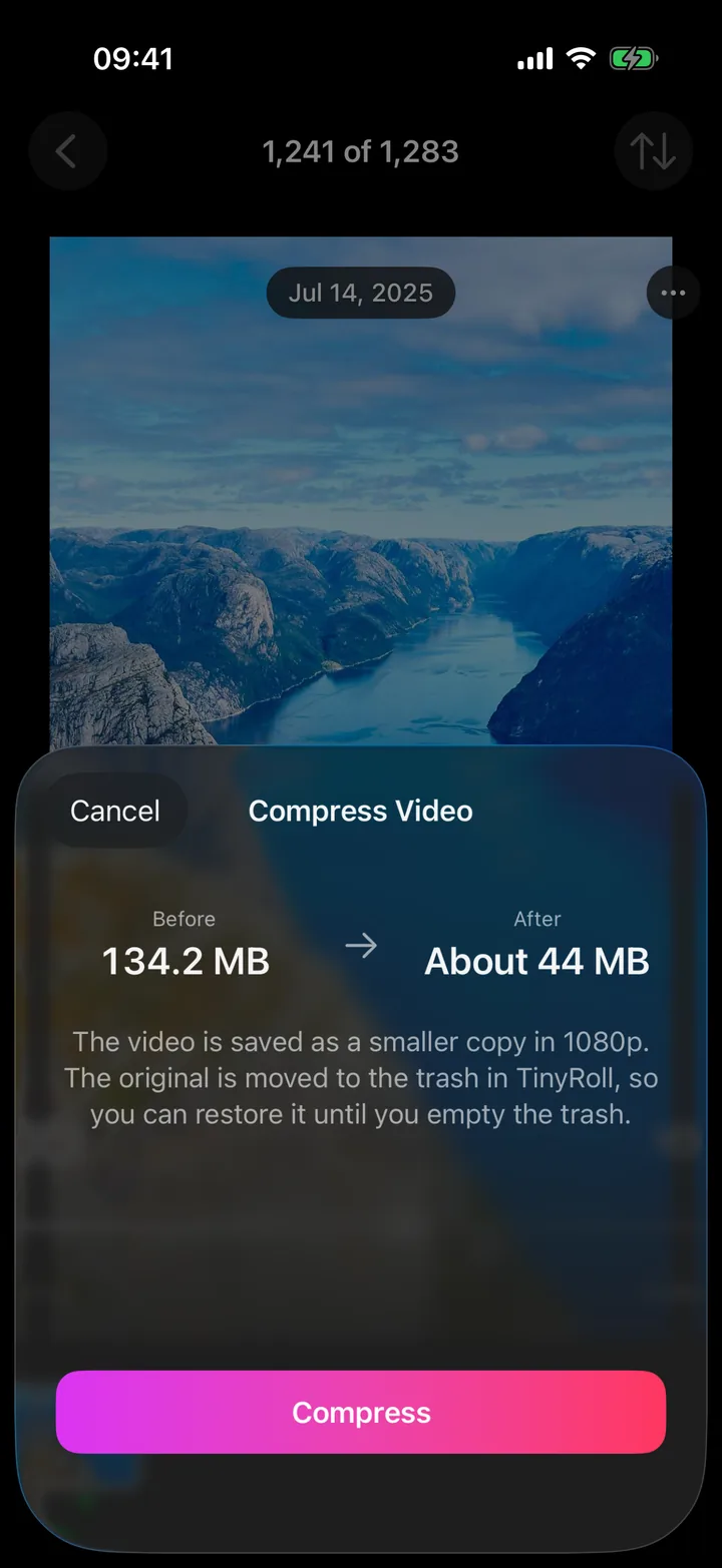 Compressing a 134 MB video to about 44 MB