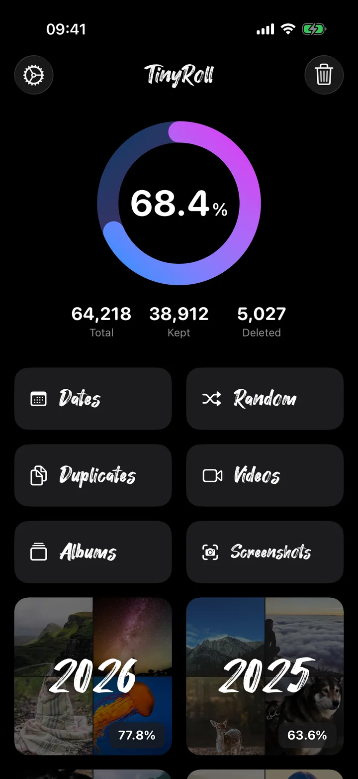 TinyRoll home screen with progress for each year